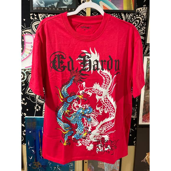 Ed Hardy Dragon Oversized Y2K Streetwear Deadstock Short Sleeve Tee Red Medium - Picture 1 of 8
